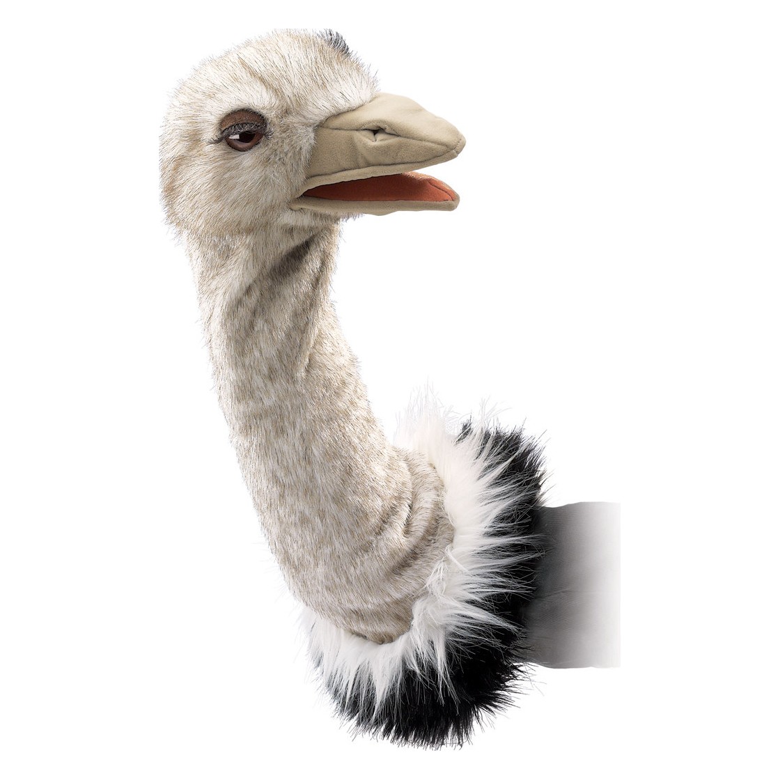 Folkmanis ostrich hand puppet with long neck, open beak and black-and-white plumage, side view