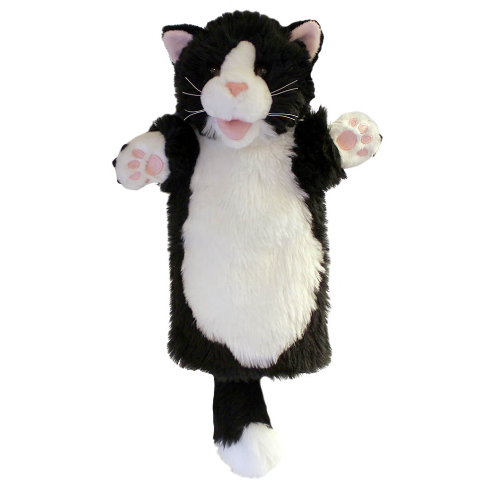 The Puppet Company baby hand puppet cat, black and white cat puppet with a pink nose and outstretched paws