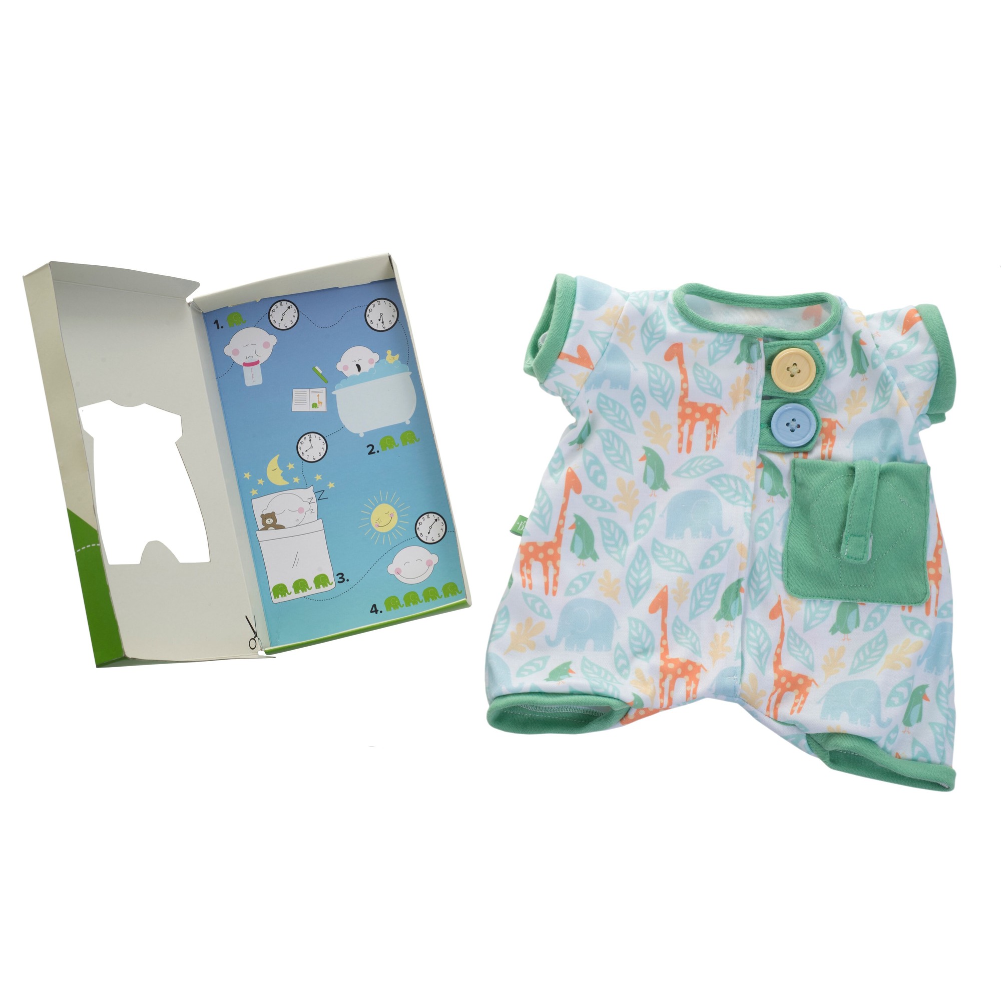Pocket Friends pyjamas in green by Rubens Barn next to the gift packaging