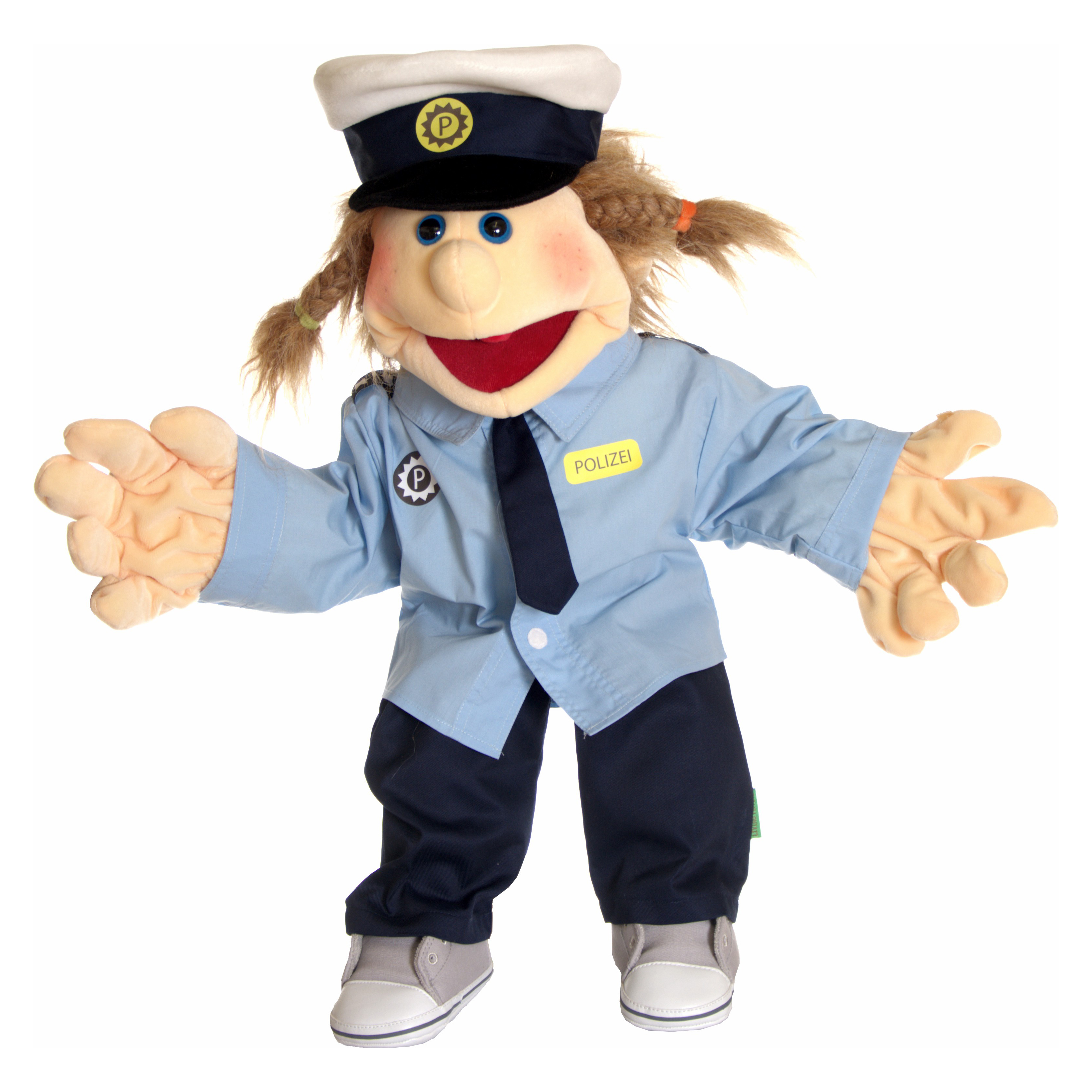 Living Puppets police clothing set for 65 cm hand puppets, light blue shirt with tie, dark blue trousers and a police cap, worn by a hand puppet