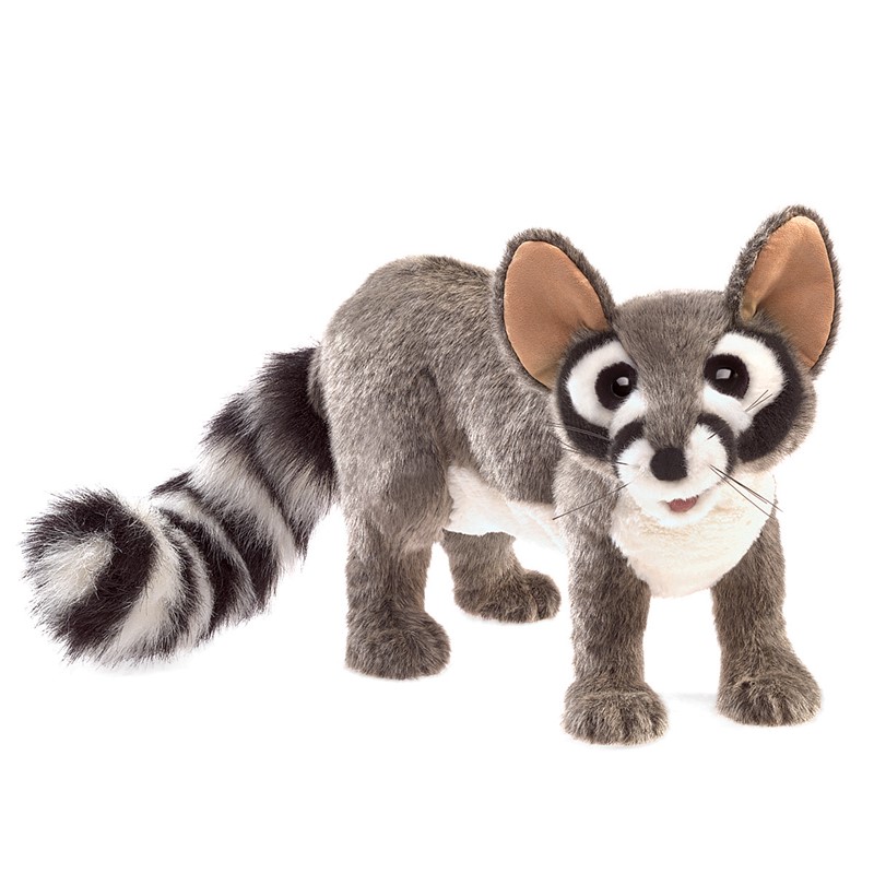 Folkmanis ringtail cat hand puppet with grey-white fur, black-and-white ringed tail and large ears, side view