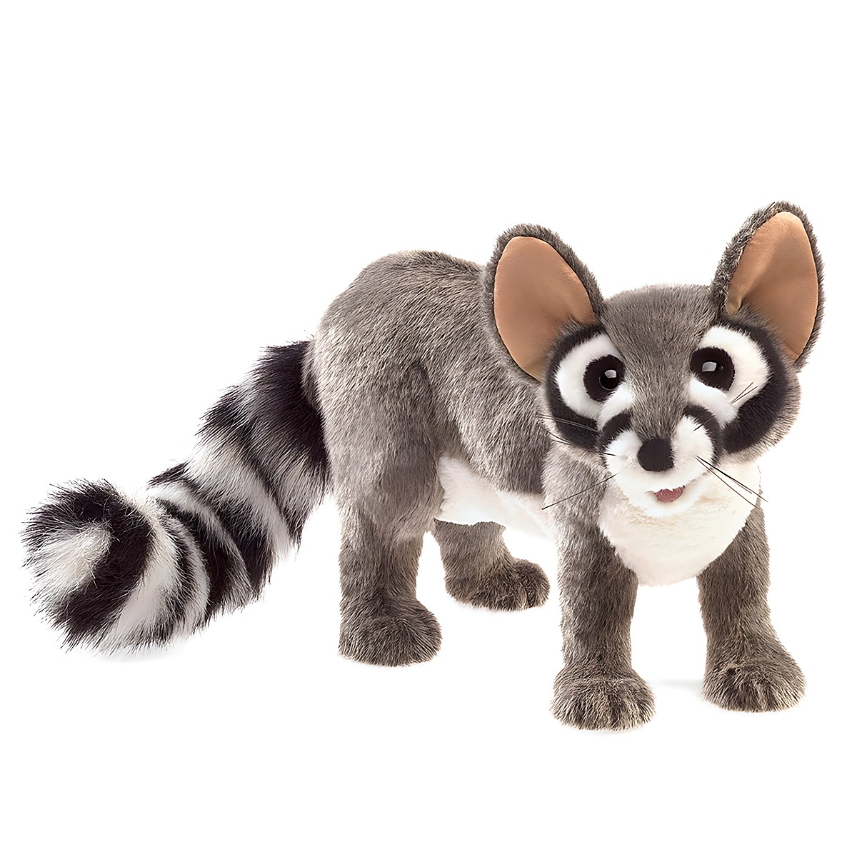 Folkmanis ringtail cat hand puppet with grey-white fur, black-and-white ringed tail and large ears, side view