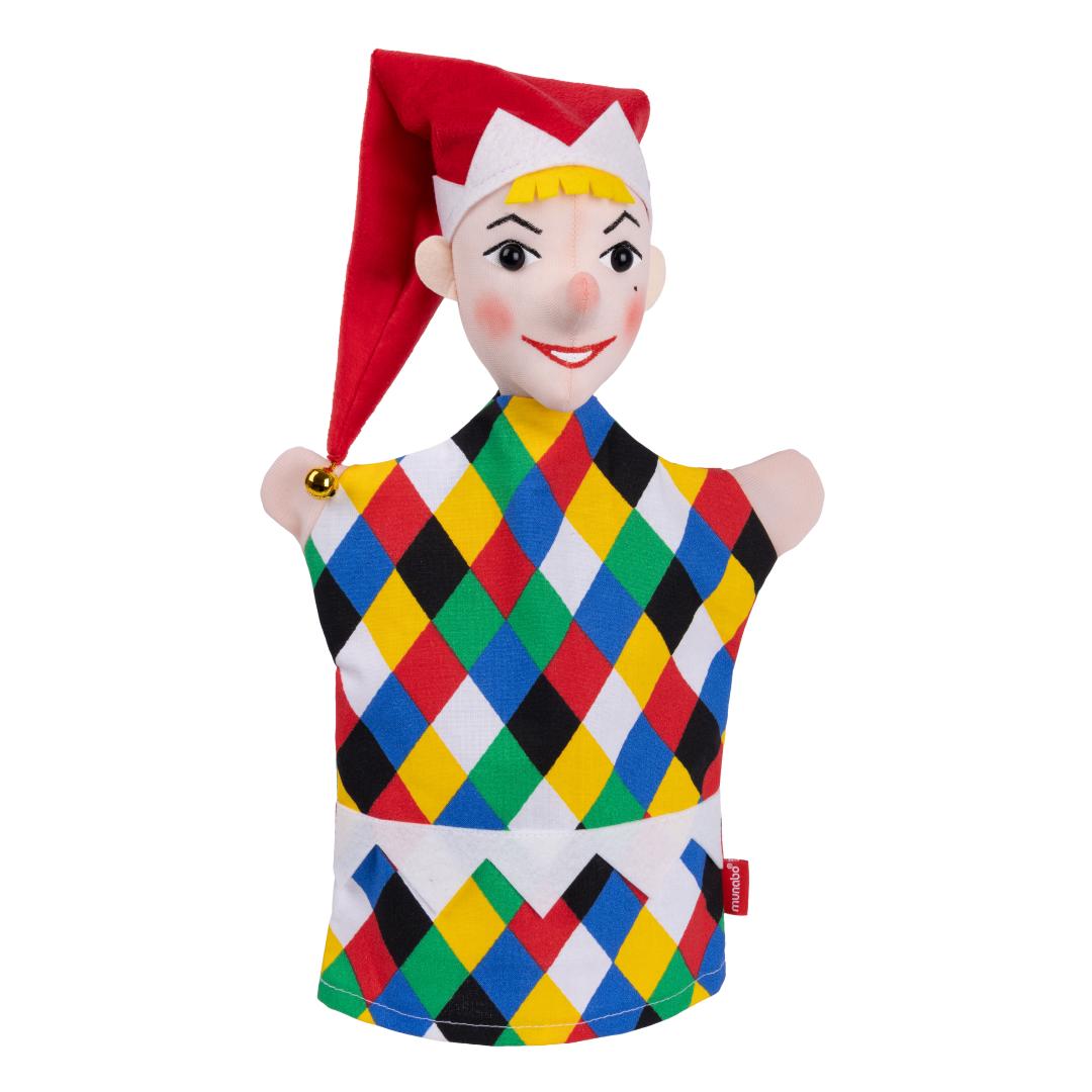 Kasper hand puppet by munabo, front view wearing a red pointed cap with a bell over a colourful diamond-patterned outfit.