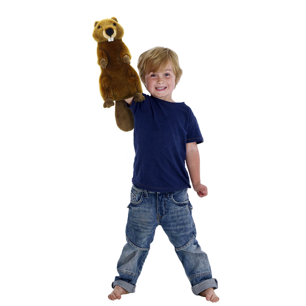 Boy holding the The Puppet Company beaver hand puppet on his hand, usage example