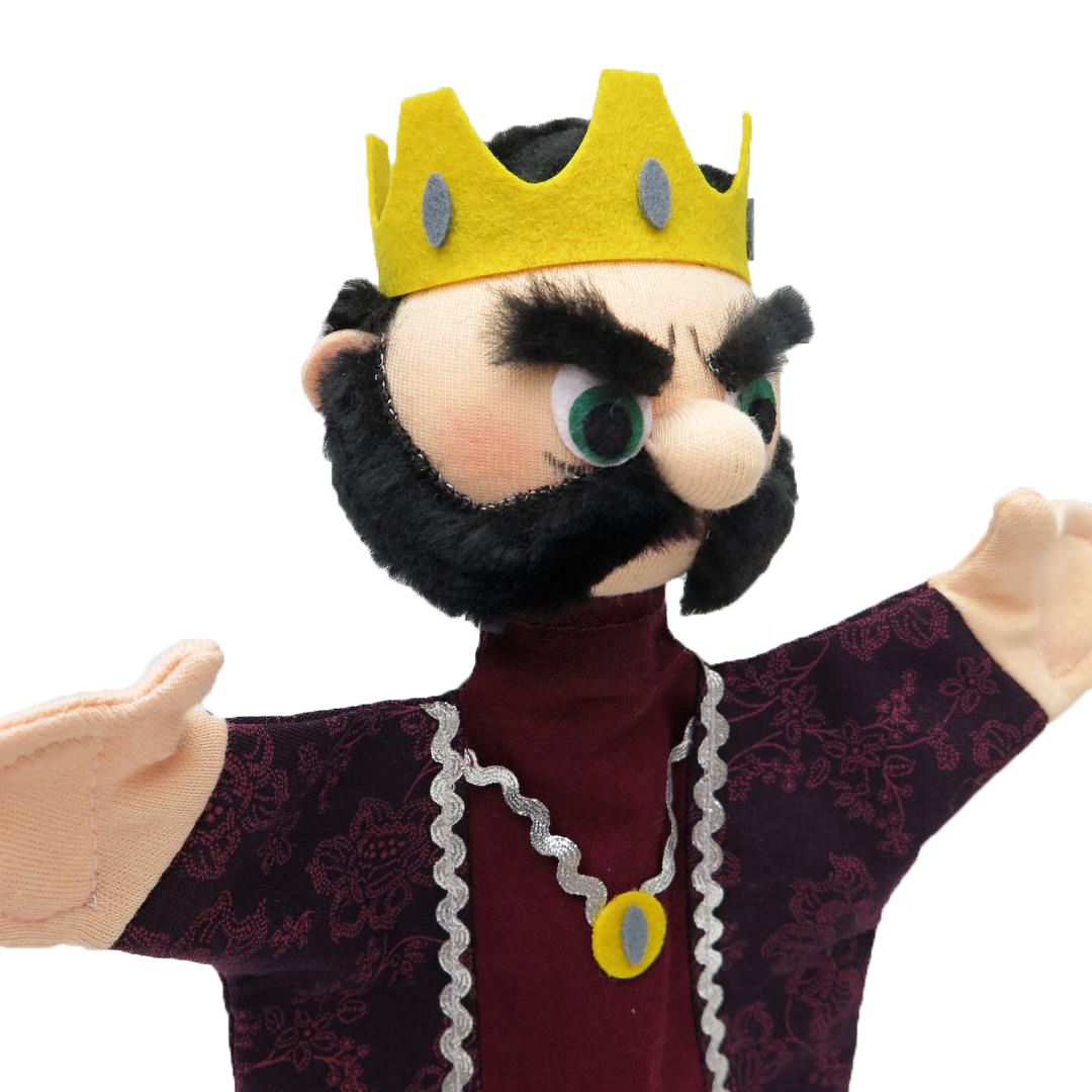 Punch and Judy puppet evil king by munabo with a yellow crown, black beard and grim look