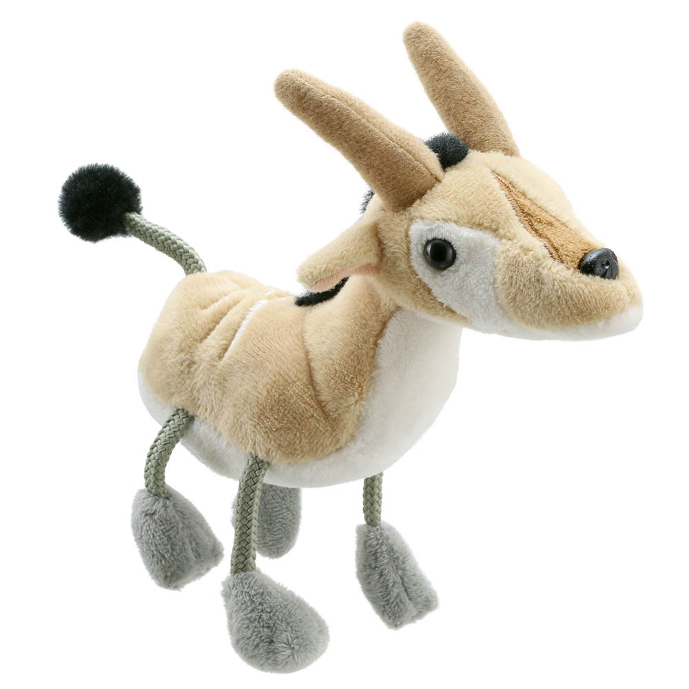 The Puppet Company finger puppet antelope, beige and white finger puppet with horns and long fabric legs, front view