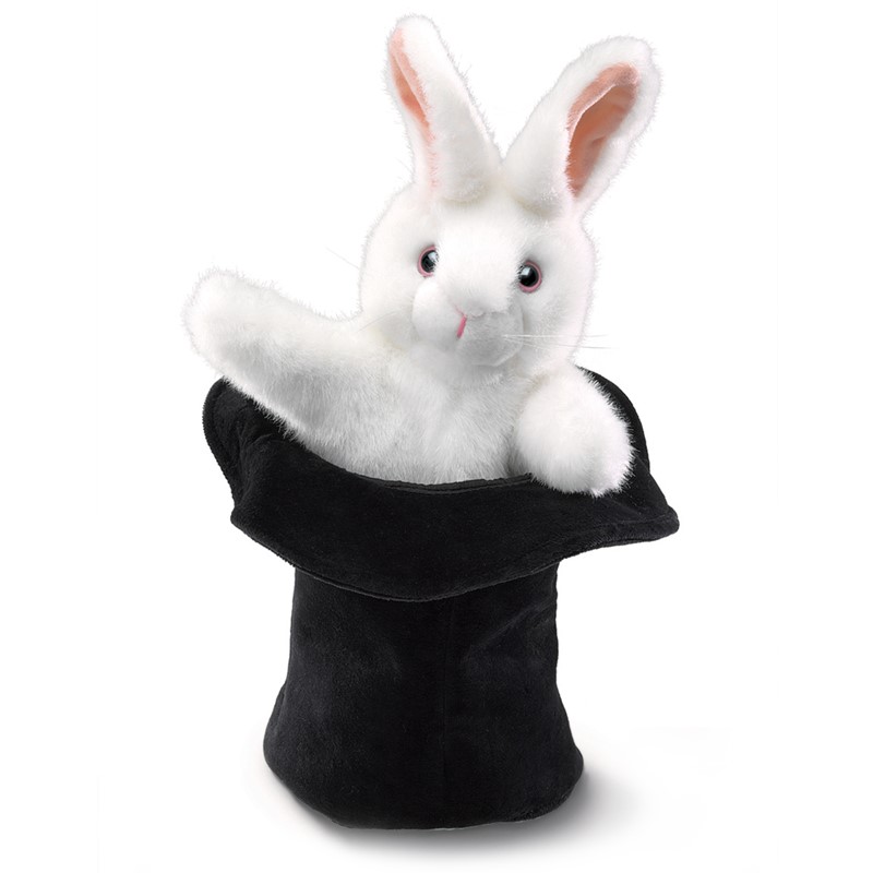 Folkmanis hand puppet white rabbit peeking out of a black plush top hat, front view