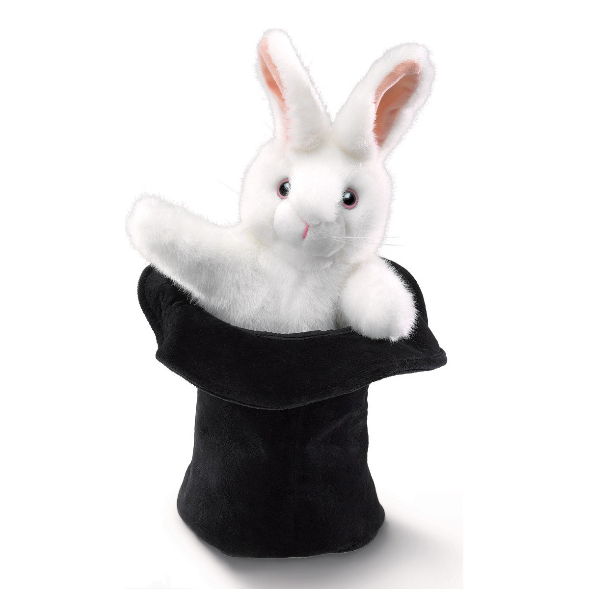 Folkmanis hand puppet white rabbit peeking out of a black plush top hat, front view