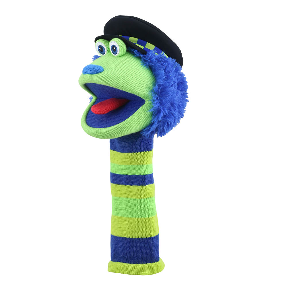 Puppet Company Bobby monster sock puppet at a three-quarter angle, mouth wide open showing the red tongue, green knitted face and blue fringe below the police cap