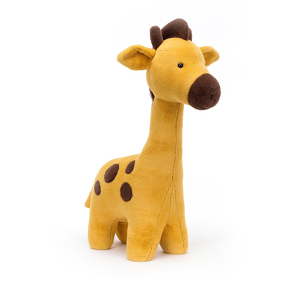 Jellycat plush toy giraffe Spottie Big, yellow plush toy with brown spots and a brown mane stripe, front view