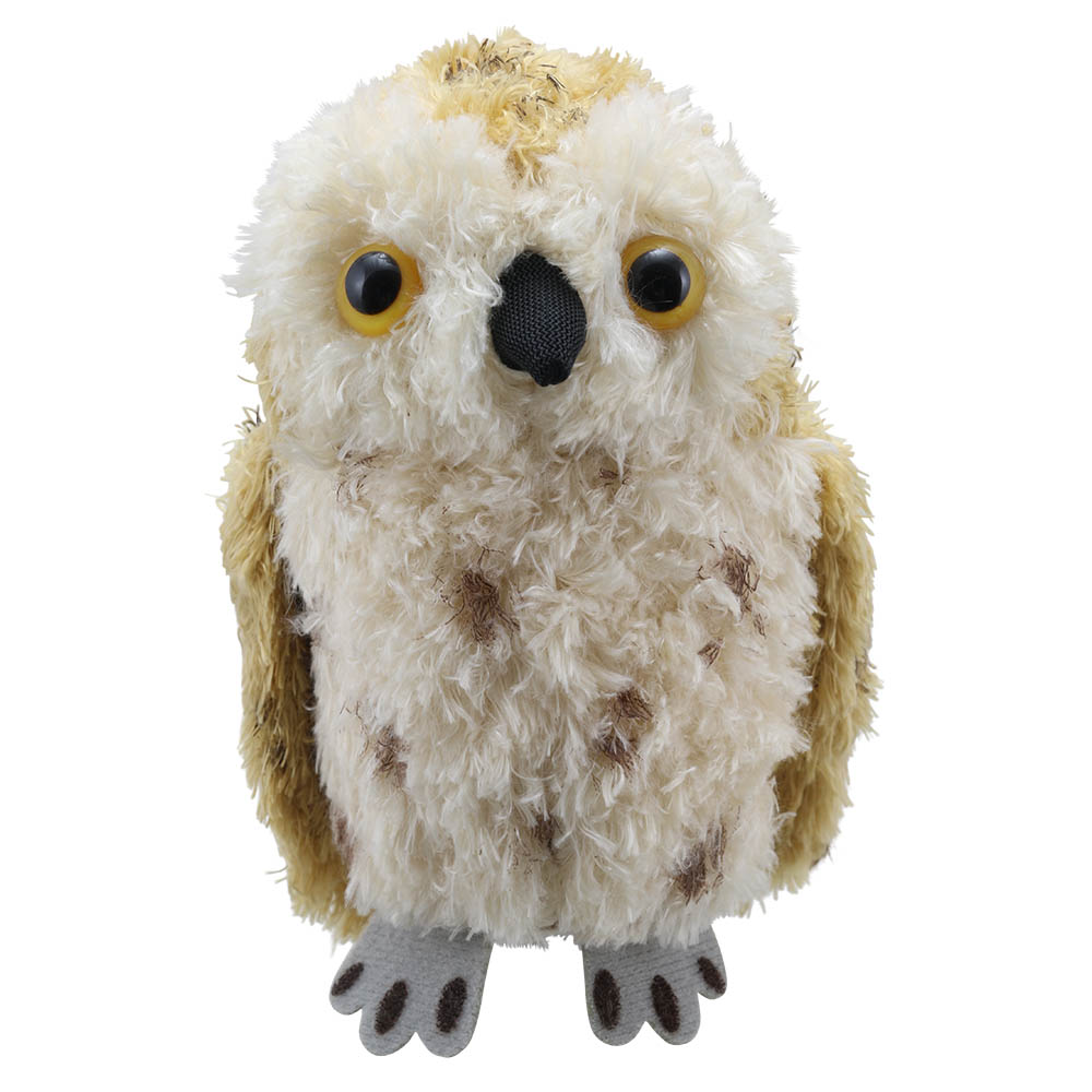 The Puppet Company finger puppet tawny owl, cream owl with brown speckles, slightly turned