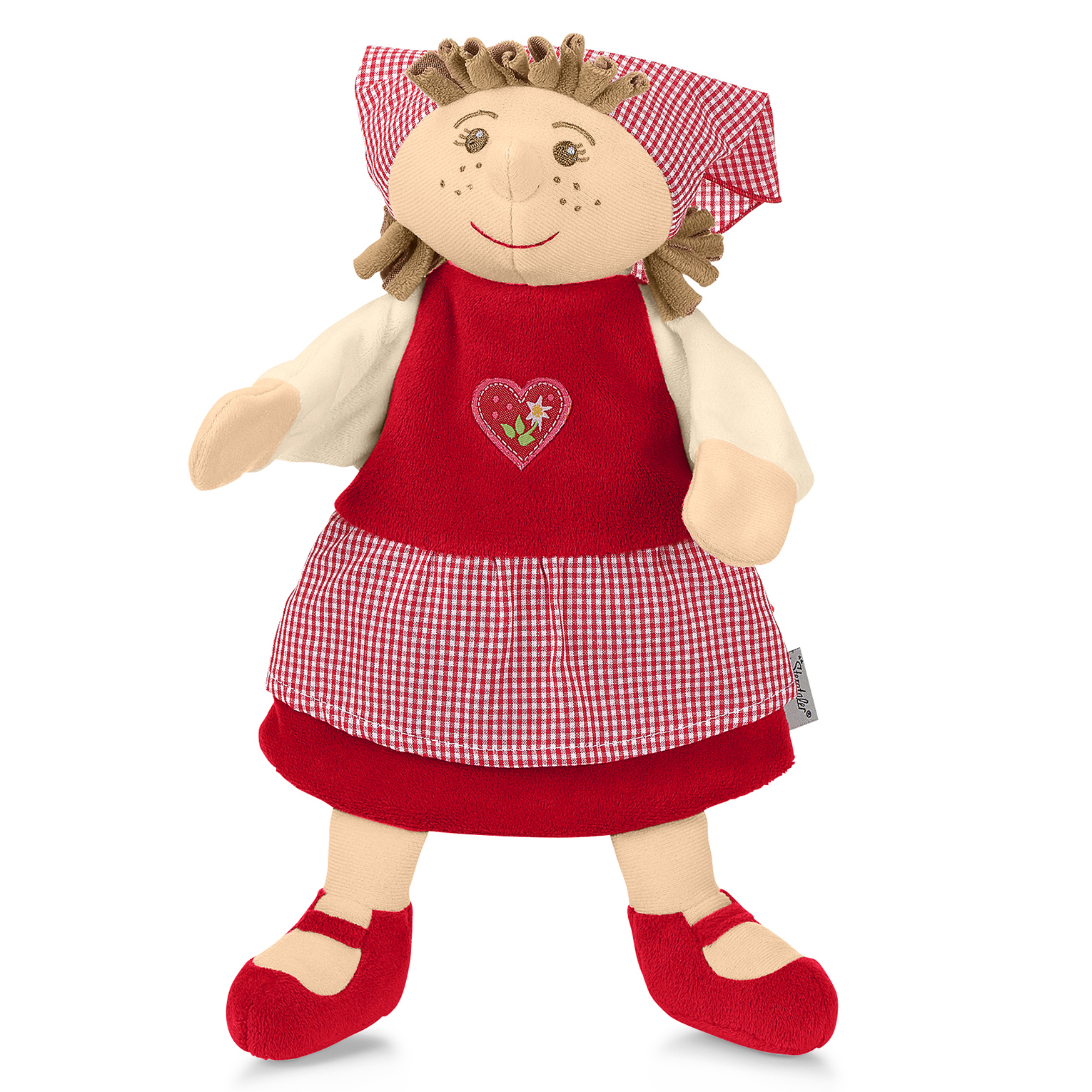 Sterntaler baby hand puppet Gretel, brown curls with a red-and-white headscarf, red dress with a heart embroidery