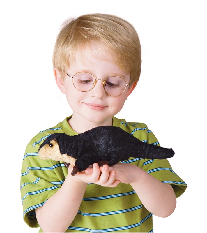 Boy with glasses holding the Folkmanis mini river otter finger puppet in his open hand, smiling down at it