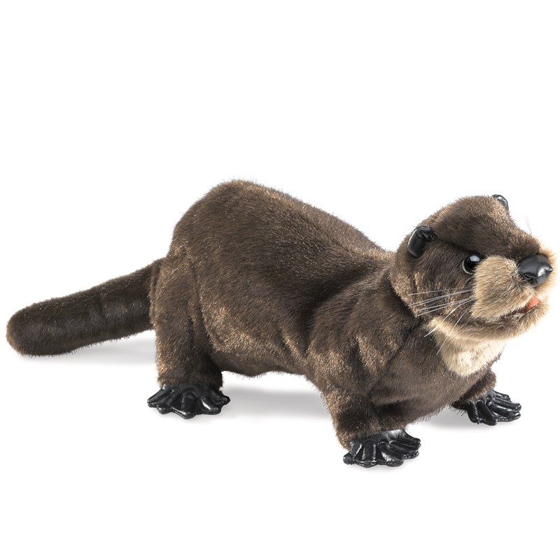 Folkmanis river otter hand puppet in dark brown plush, standing with light throat patch and black paws, side view