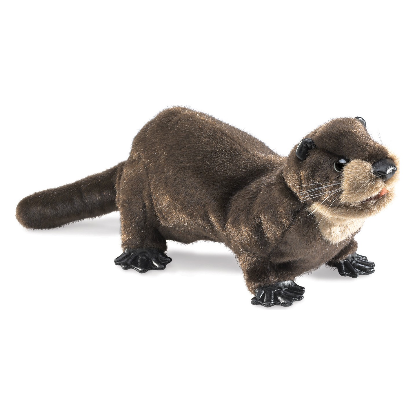 Folkmanis river otter hand puppet in dark brown plush, standing with light throat patch and black paws, side view