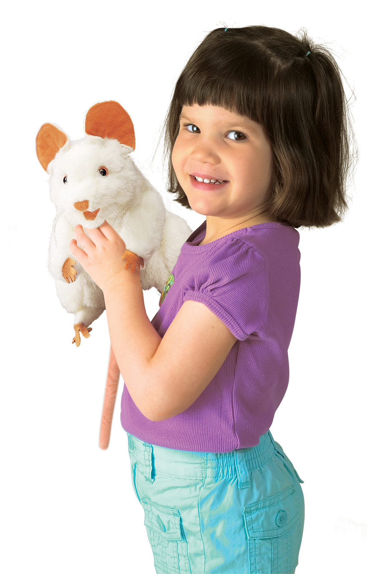 Smiling girl holding up a Folkmanis white mouse hand puppet with brown ears and a long pink tail
