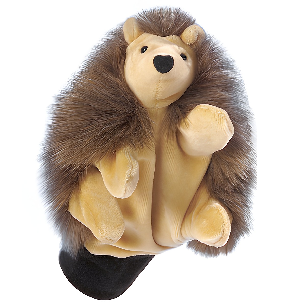Beleduc hand puppet hedgehog with brown spiky fur and a beige face and belly