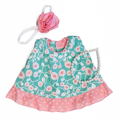 Party collection for Little Rubens dolls: rose dress, pearl necklace and hairband with fabric rose