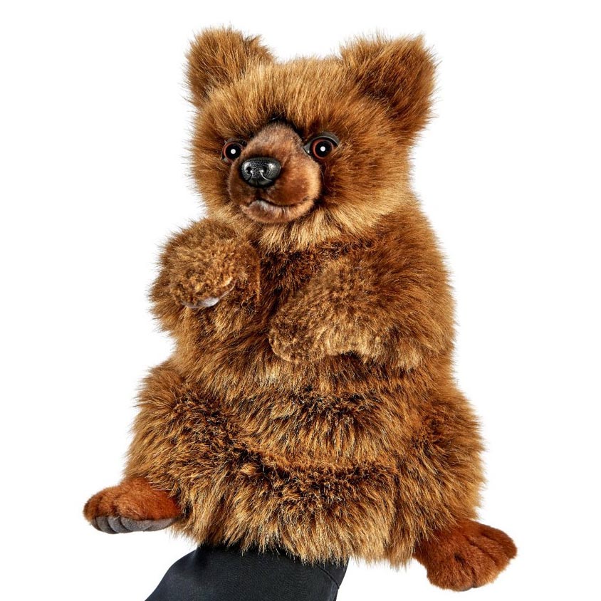 Brown bear hand puppet by Hansa Creation with shaggy brown fur, upright with a raised paw