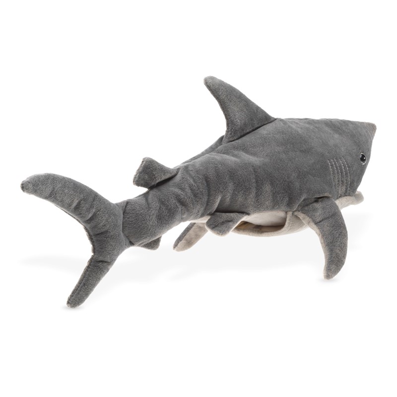 Folkmanis shark hand puppet in grey, side view, with a light-coloured belly and movable mouth