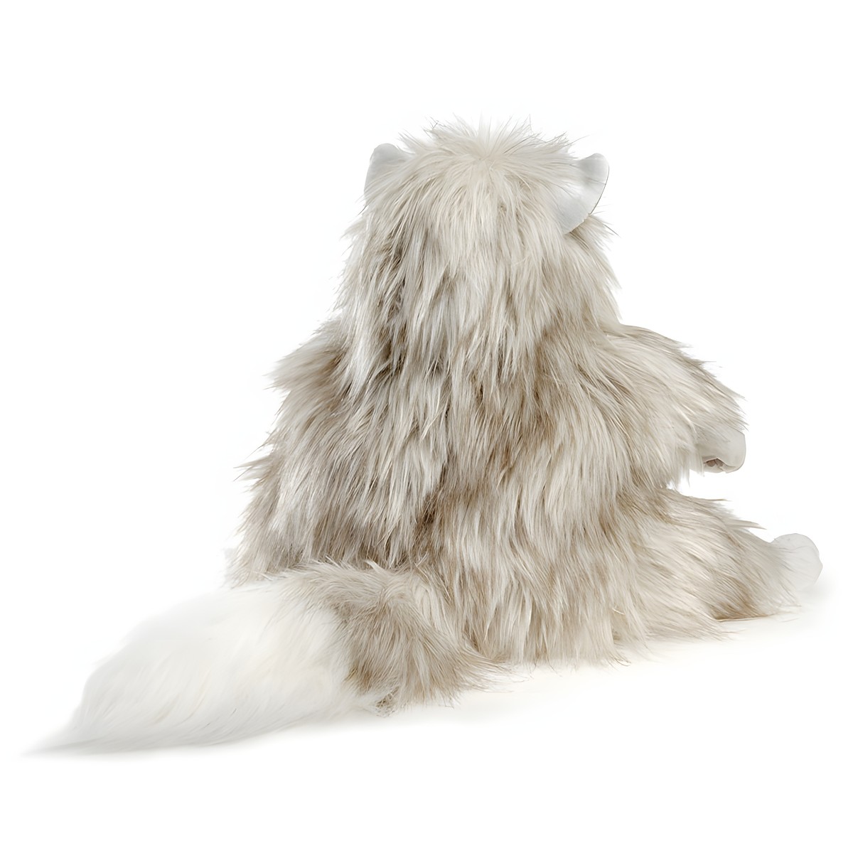 Folkmanis fluffy cat hand puppet seen from behind with long beige-grey fur, white tail and silver-grey ears