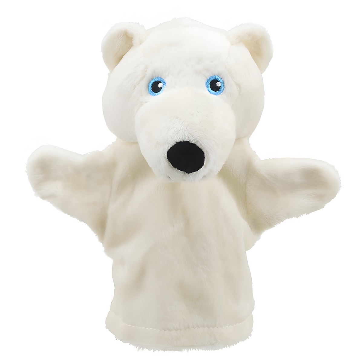 The Puppet Company baby hand puppet polar bear, cream-white puppet with blue eyes, front view