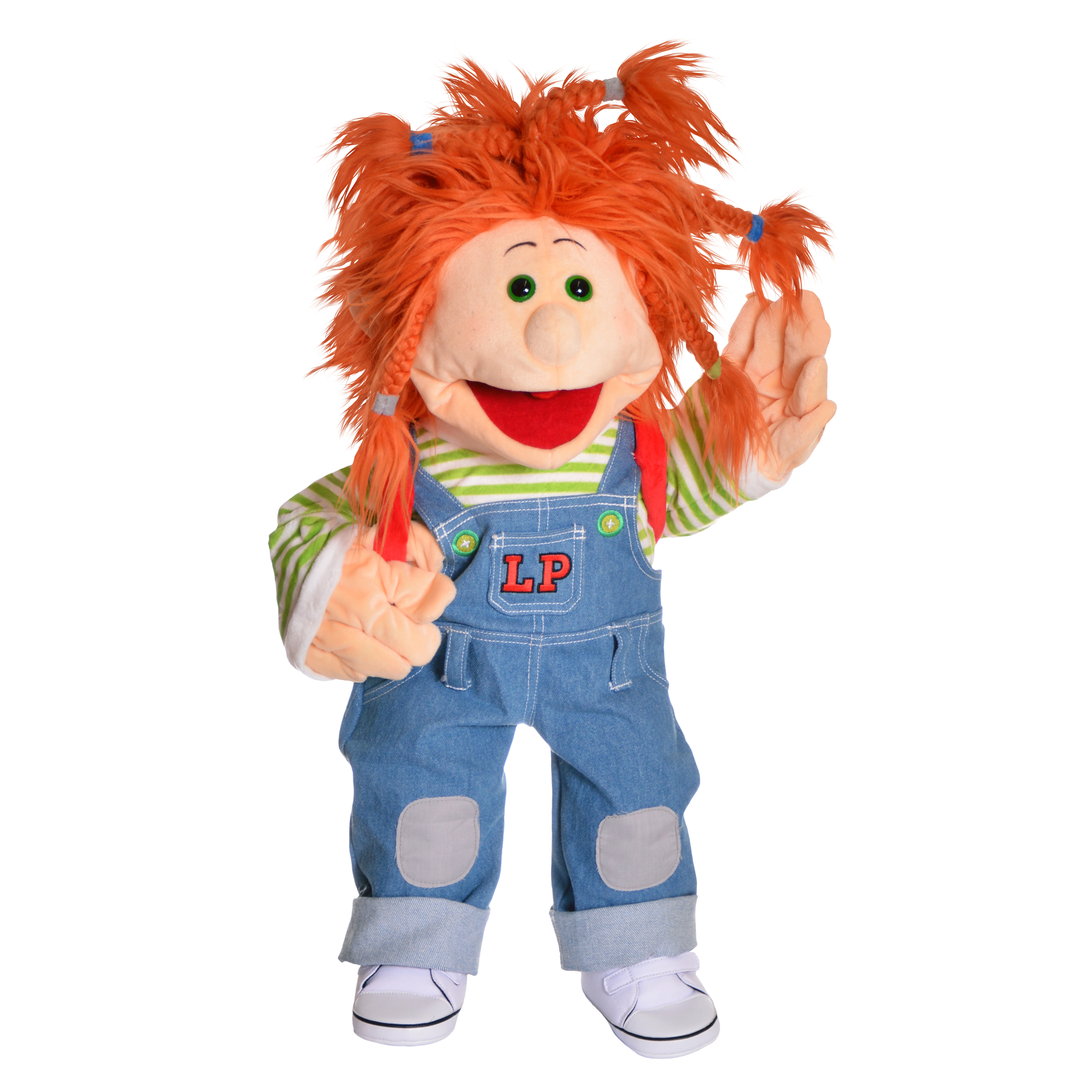 Living Puppets hand puppet Charlotta with orange-red hair, striped shirt and denim dungarees