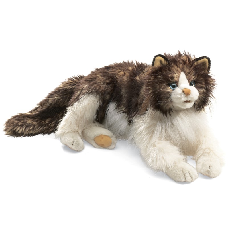 Folkmanis hand puppet fluffy cat with brown-and-white long fur and blue eyes, lying down, angled view