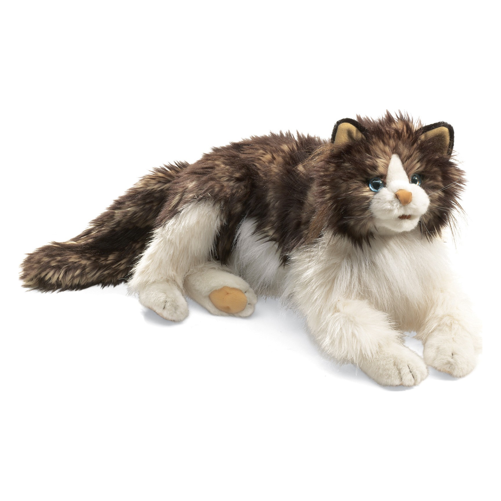 Folkmanis hand puppet fluffy cat with brown-and-white long fur and blue eyes, lying down, angled view
