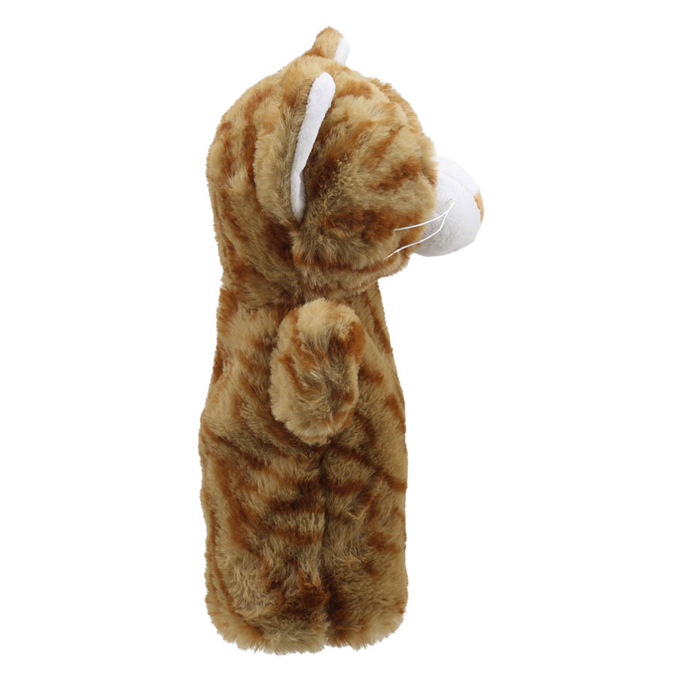The Puppet Company baby hand puppet cat, red-brown tabby cat with a white muzzle, right side view