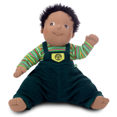 Rubens Barn Original doll Harry with dark hair, striped shirt and dark green dungarees, sitting