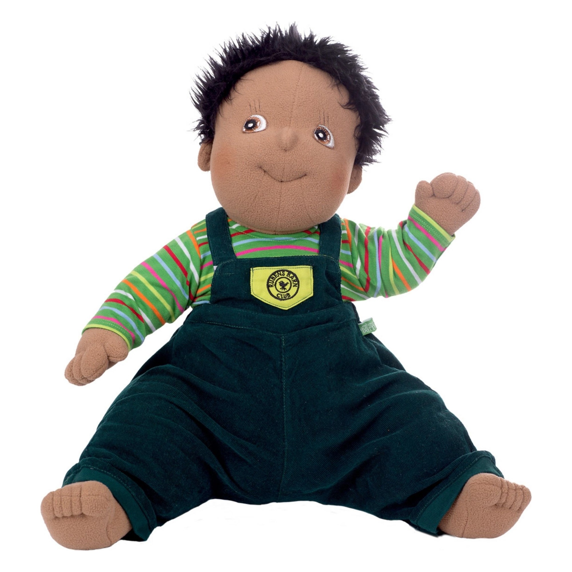 Rubens Barn Original doll Harry with dark hair, striped shirt and dark green dungarees, sitting
