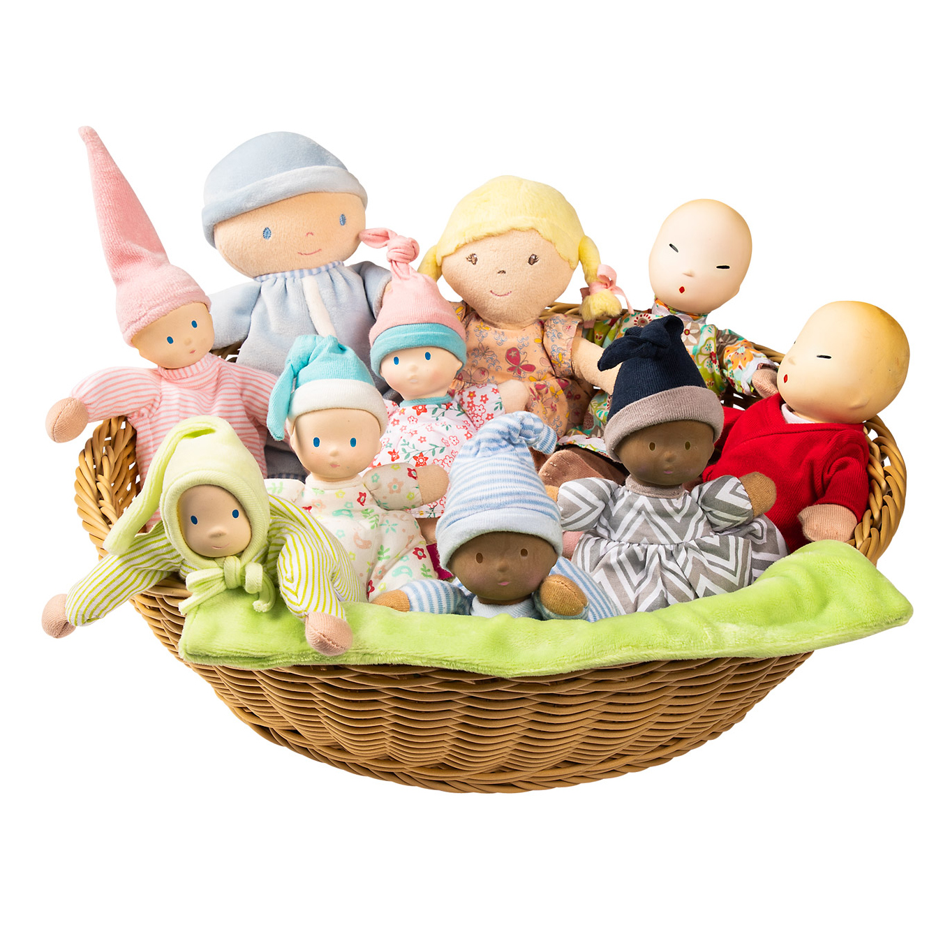 Joyk doll set Treasure Basket: wicker basket with ten small fabric dolls in colourful clothes