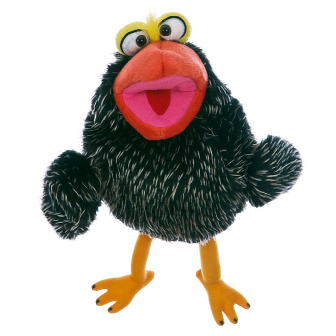 Living Puppets hand puppet Patriezius Piepspatz, black bird with mottled plumage, an orange-red beak and yellow legs