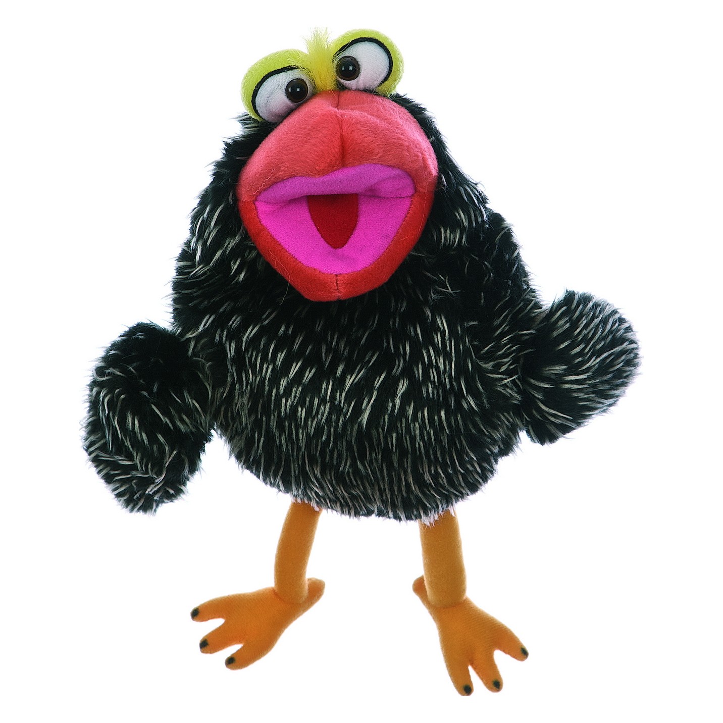 Living Puppets hand puppet Patriezius Piepspatz, black bird with mottled plumage, an orange-red beak and yellow legs
