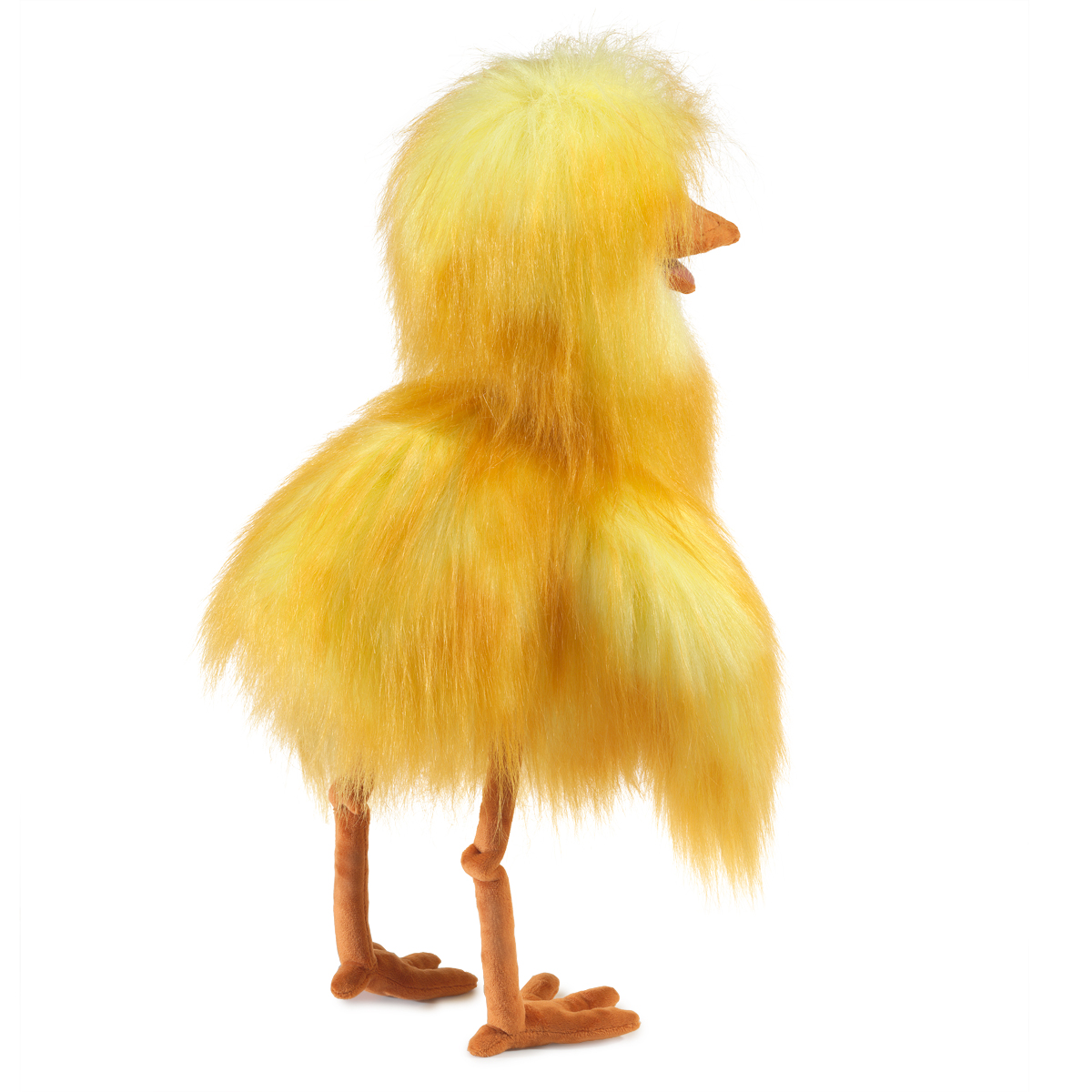 Folkmanis chick hand puppet in bright yellow with ruffled head feathers and orange legs, side view