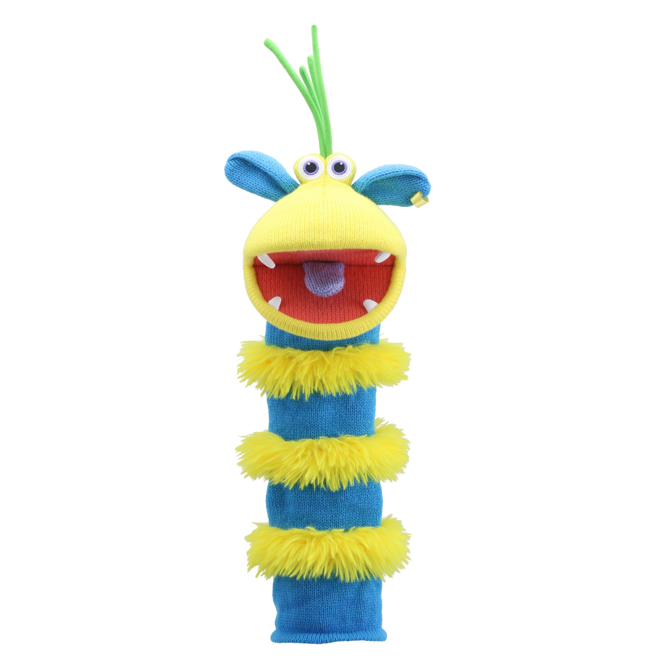 The Puppet Company sock puppet Ringo, yellow monster with blue ears, a green antenna and a fluffy yellow body