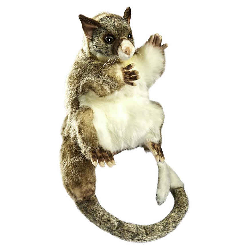 Ringtail possum hand puppet by Hansa Creation with grey-brown fur, a white belly and a long coiled tail