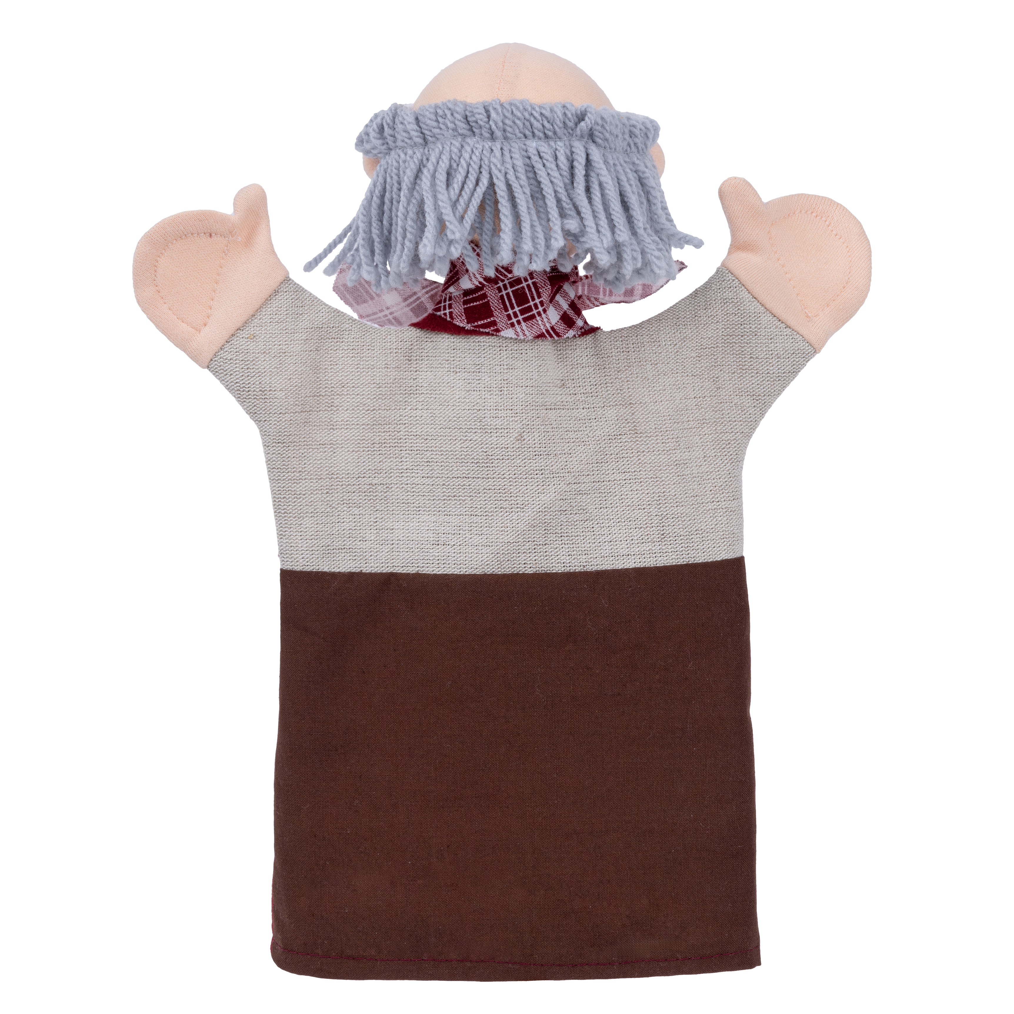 Punch and Judy puppet grandfather by munabo seen from the back with grey hair ring and brown back