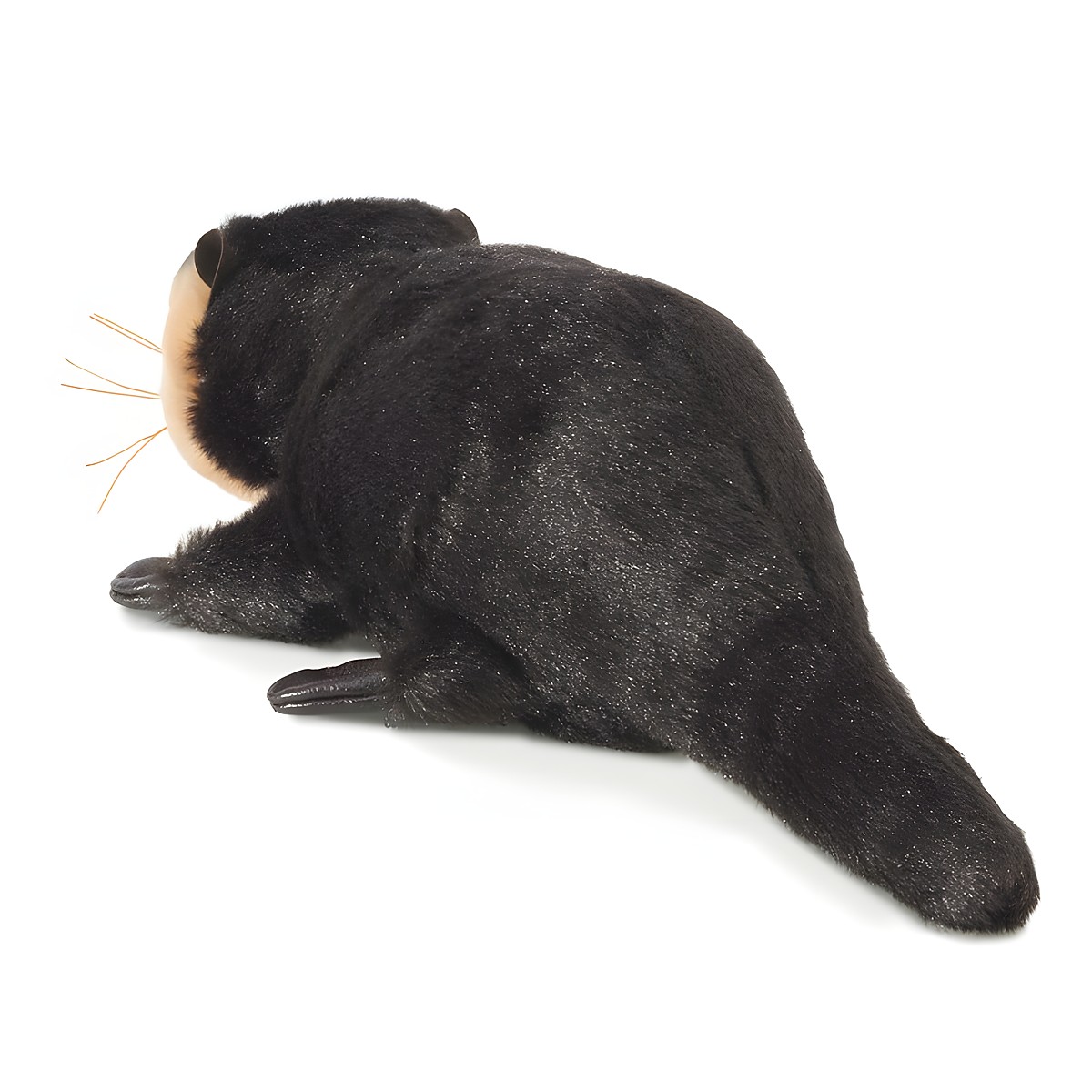 Folkmanis mini river otter finger puppet in black with a beige face and whiskers, side view