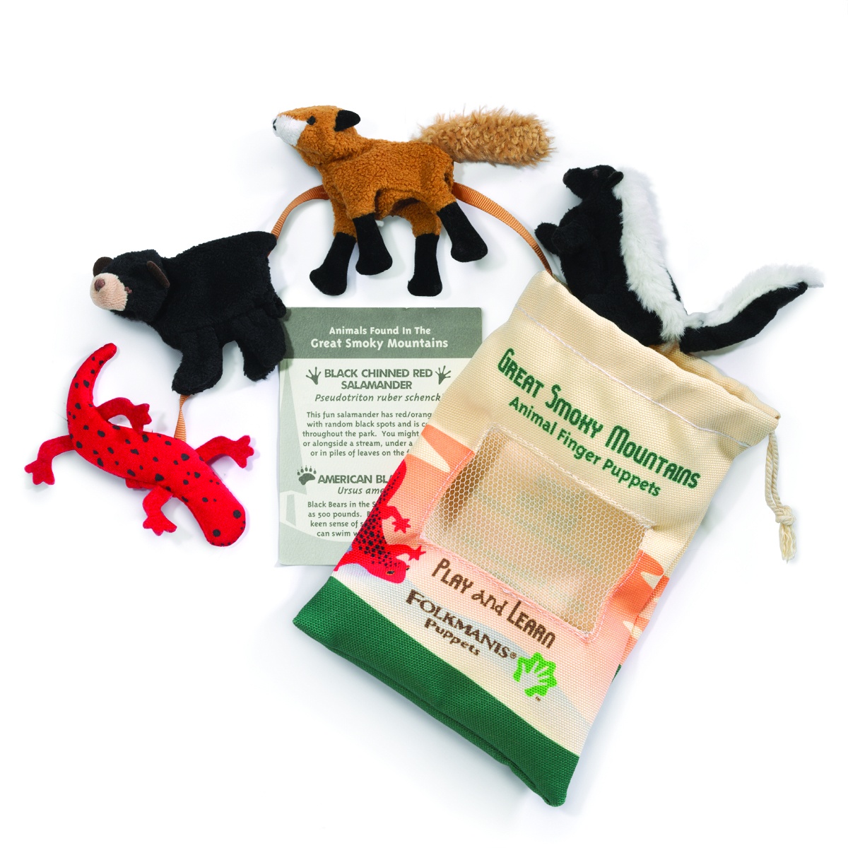 Folkmanis Great Smoky Mountains finger puppet set with fox, skunk, black bear, and red salamander plus drawstring pouch