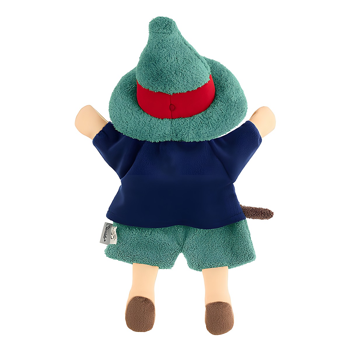 Sterntaler baby hand puppet robber, back view with a green pointed hat and a wooden dagger at the belt