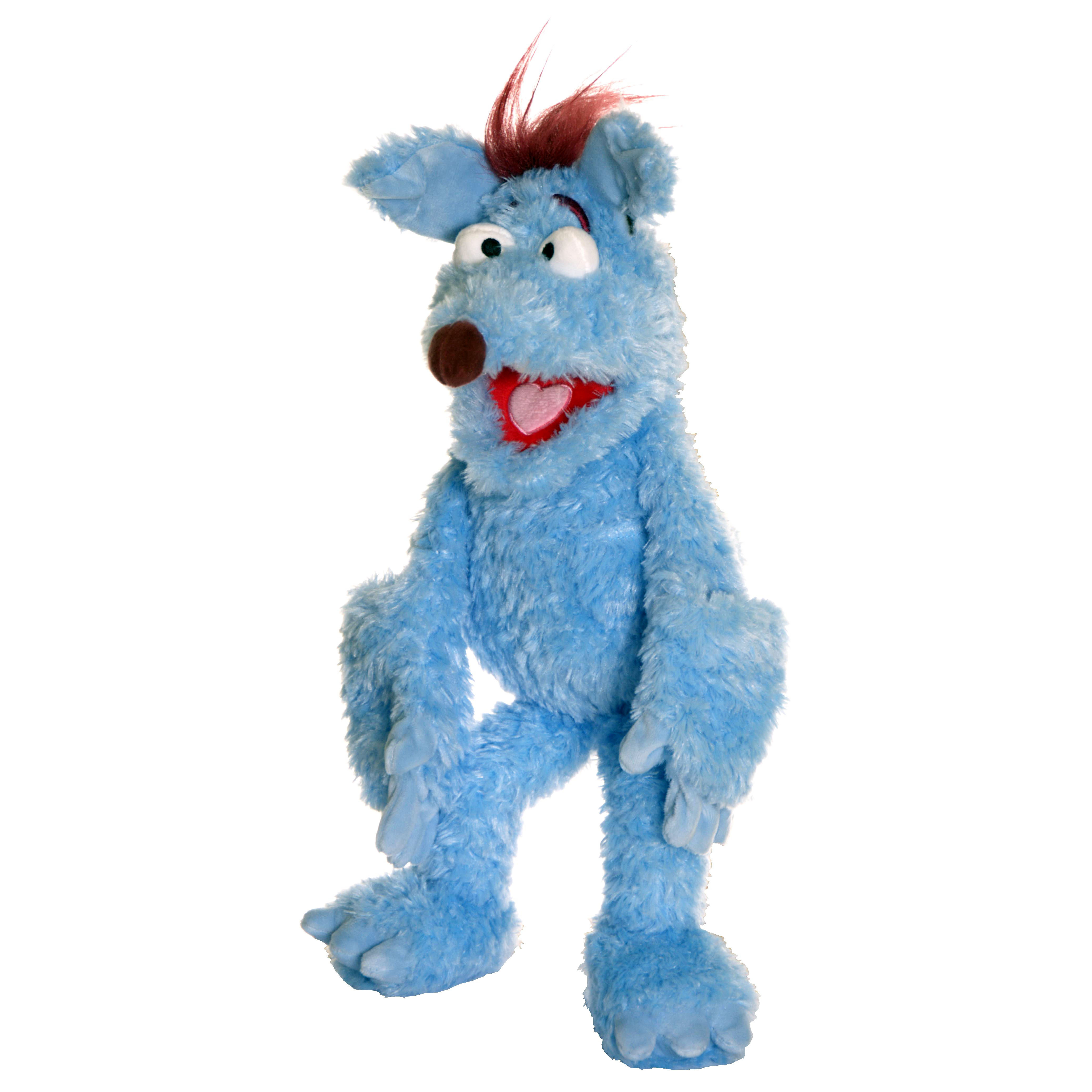Living Puppets hand puppet Woozle from Woozle Goozle, light blue furry creature with a red tuft of hair and a red nose, 45 cm, standing