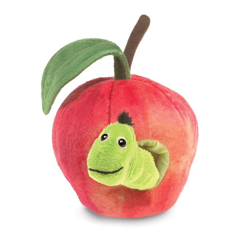 Folkmanis finger puppet worm in apple: smiling green worm peeks out of a red plush apple with a brown stem and green leaf