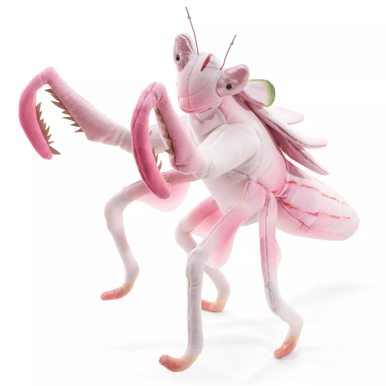 Folkmanis Orchid Mantis hand puppet in pink and white with jagged forelegs, transparent wings and pink antennae