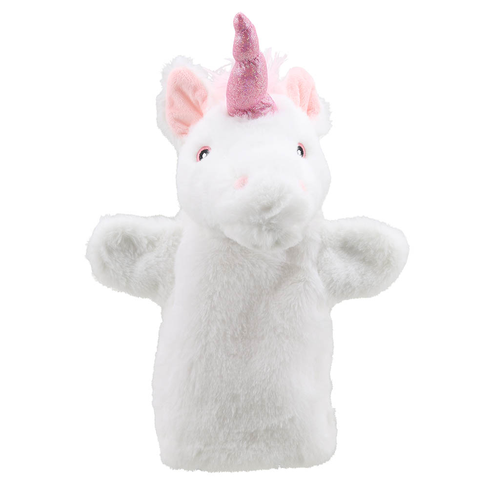 The Puppet Company hand puppet unicorn, white figure with a pink glittery horn and pink ears, front view
