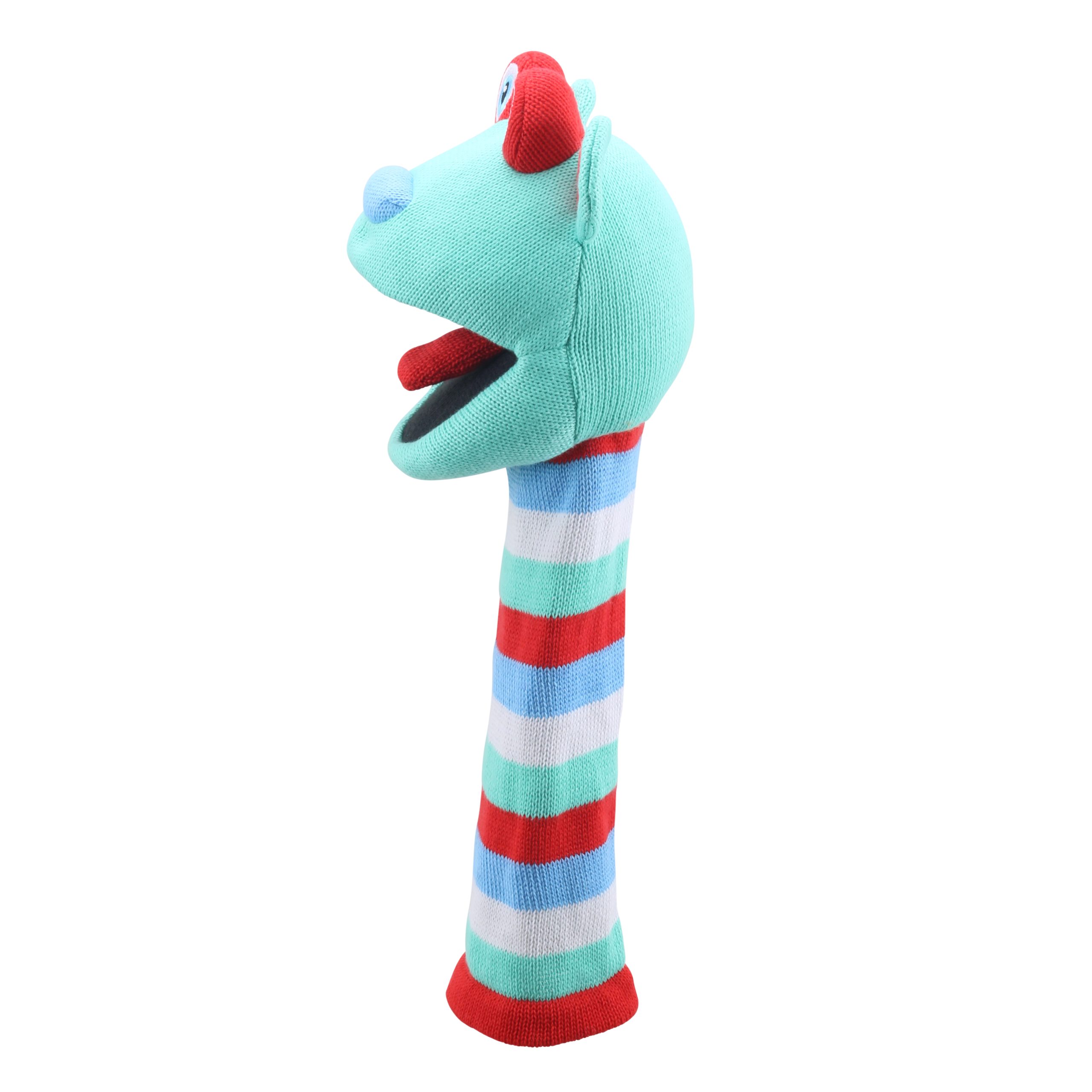 Puppet Company Hope monster sock puppet in profile facing left, mint green head with blue nose above the striped knitted body