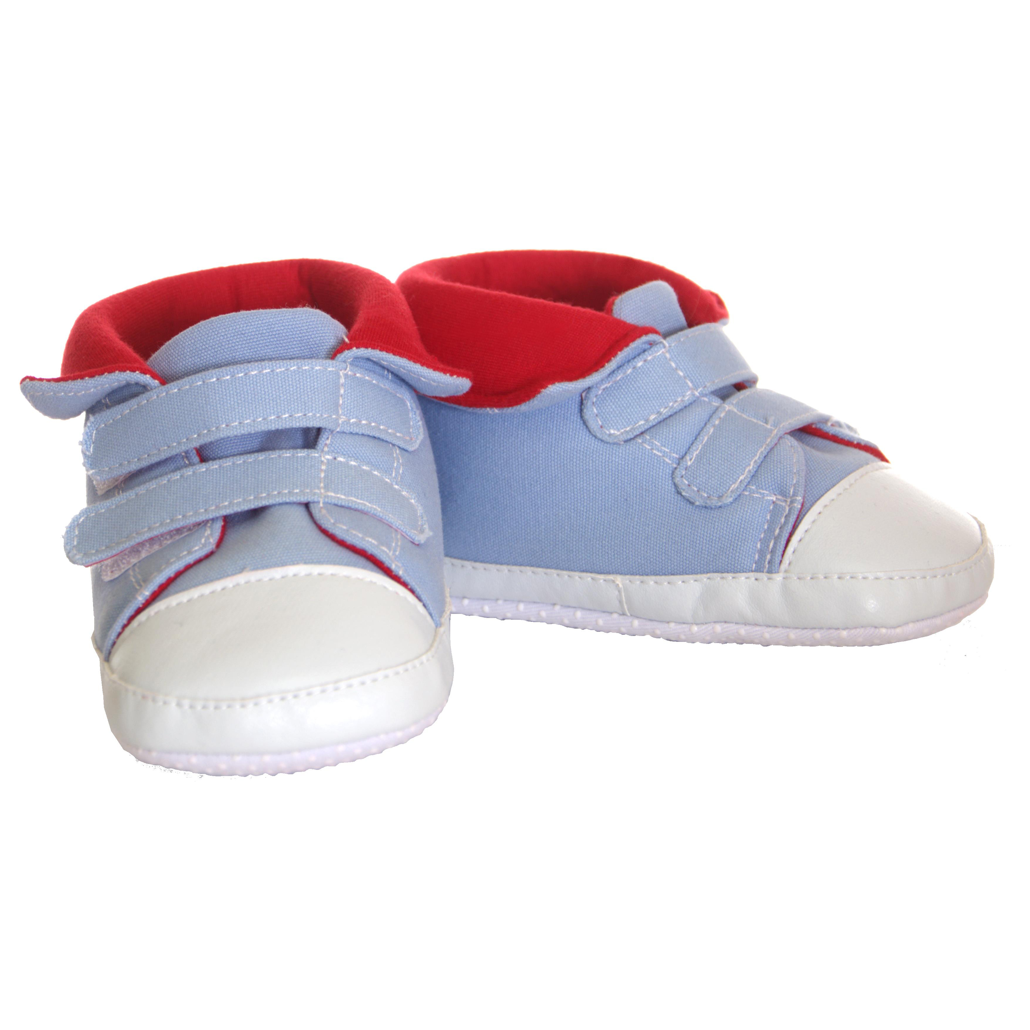 Living Puppets shoes for 65 cm hand puppets, light blue trainers with hook-and-loop straps, red lining and white toe caps