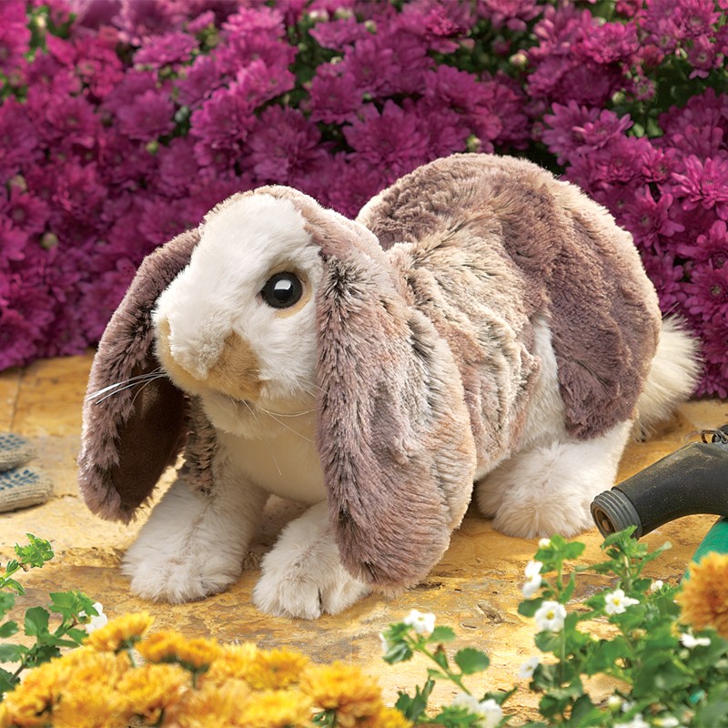 Folkmanis hand puppet baby lop rabbit with grey-brown fur and long drooping ears, side view against a floral background
