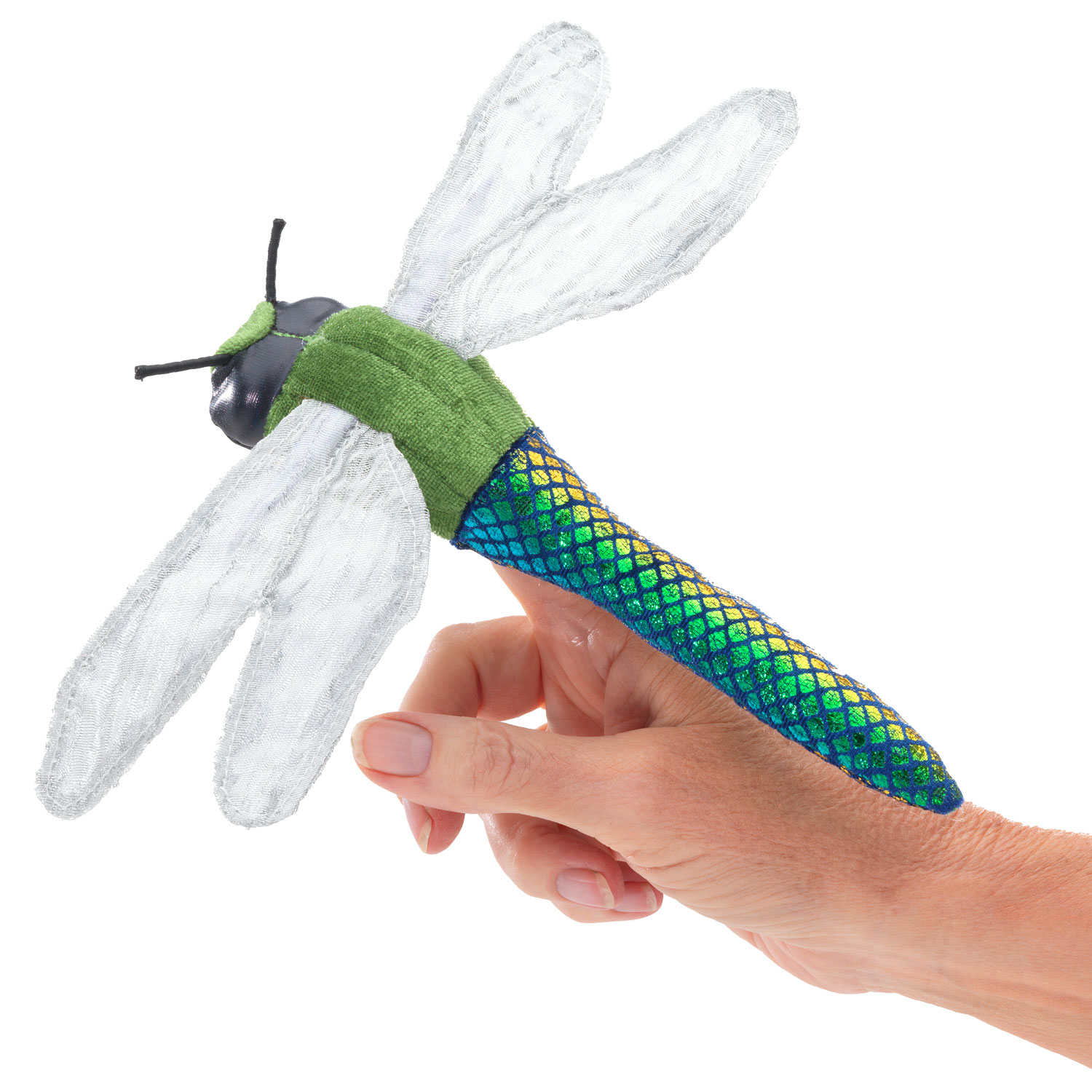 Folkmanis mini dragonfly finger puppet worn on an index finger, with a metallic shimmering blue-green body and transparent mesh wings